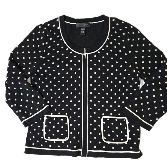 Cable & Gauge Petite Sz. LG Womens Black and White Polka Dot Cardigan Zip Front - Picture 1 of 6
